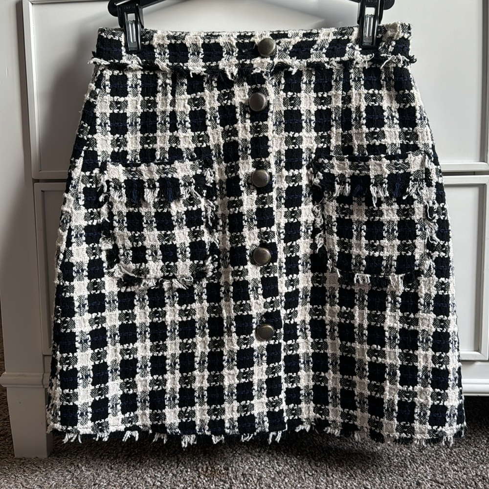 Zara Basic Tweed Button Navy Blue Plaid Skirt Wom… - image 3